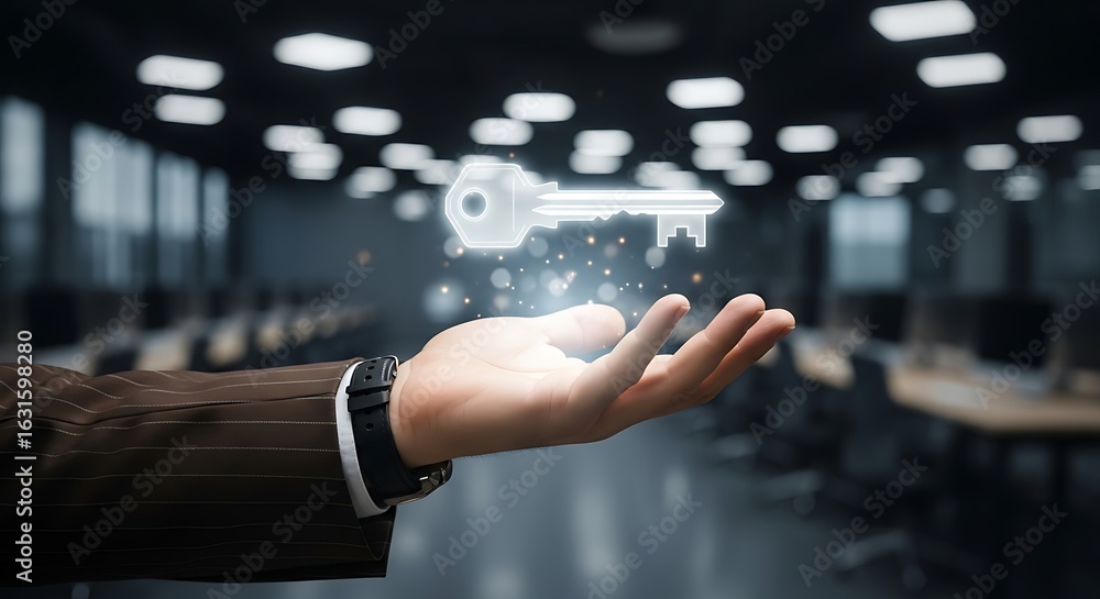 Aufkleber hand holding a glowing key in an office symbolizing security access and innovation for tech real est