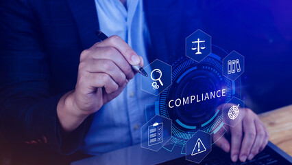 Compliance. Compliance concept with icons and text. Regulations, law, standards, requirements, Rule, audit diagram on virtual screen, Business internet technology