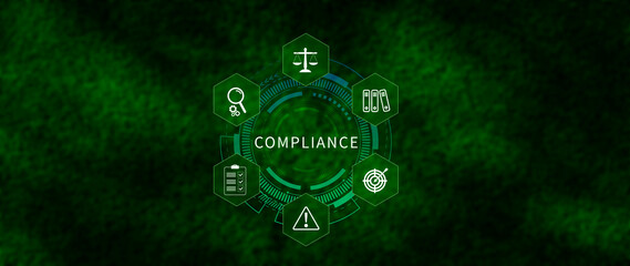 Compliance. Compliance concept with icons and text. Regulations, law, standards, requirements,...