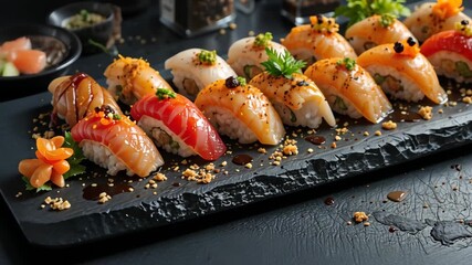 Plate with assorted fresh sushi rolls decorated with herbs and spices on black stone tray, minimalistic restaurant serving. Concept of japanese cuisine and gastronomy