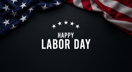 Happy labor day message with american flag draped across a dark background with stars