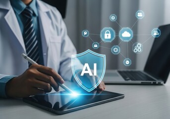 Photo of doctor using tablet with ai technology and digital network, representing innovation in healthcare and data security