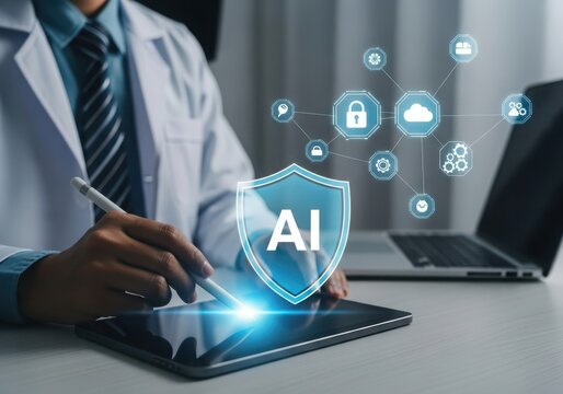 Photo of doctor using tablet with ai technology and digital network, representing innovation in healthcare and data security