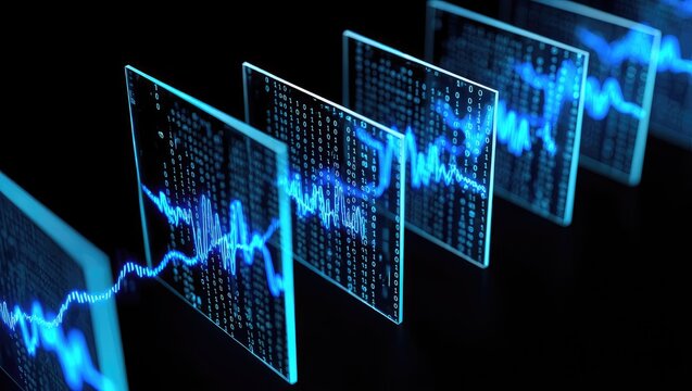 Digital blue ecg heartbeat monitor graph on a stock market data screen with binary code background