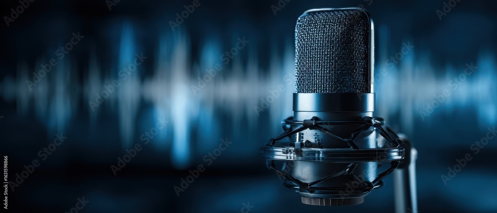 Poster the microphone amplifying sound waves in a modern audio studio setup.