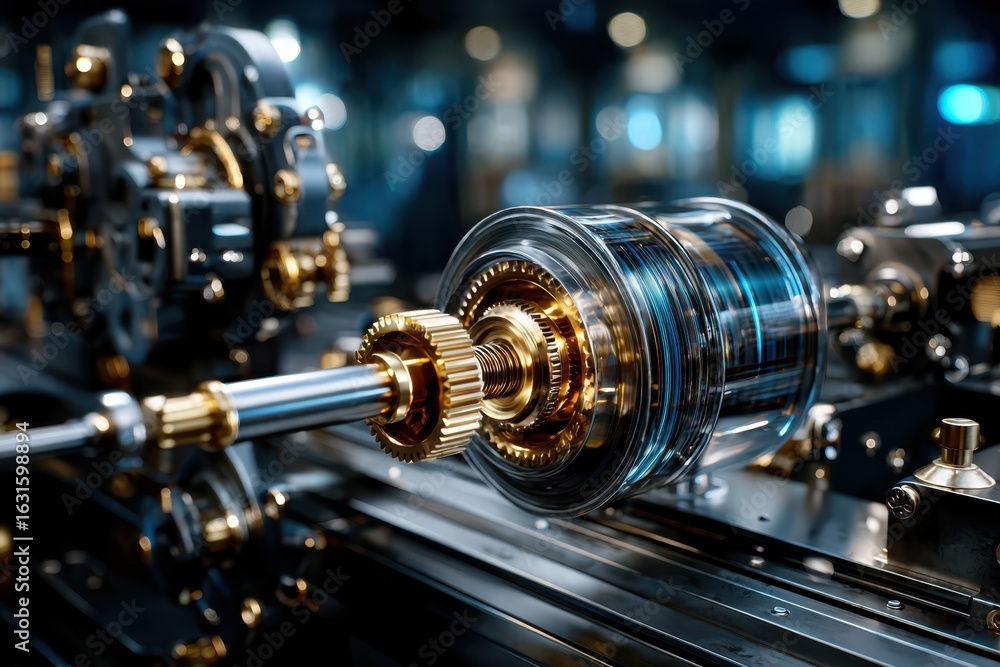 Poster a close-up of a detailed mechanical component in a high-tech manufacturing setting