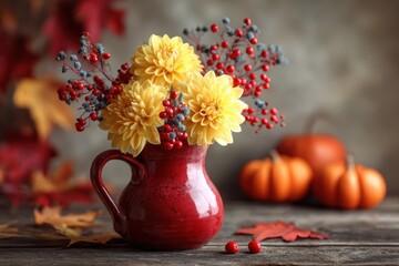 Autumn floral still life with beautiful yellow dahlia in vintage red jug and pumpkins on the table. Autumnal festive concept..