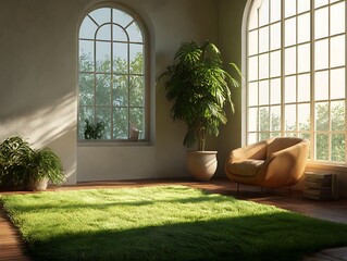 Sunlight streams into a room with a plush green rug and arched windows