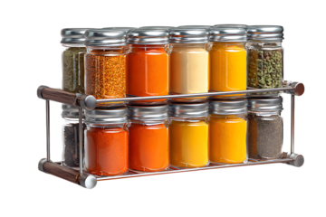 Captivating spice rack filled with vibrant powders and seeds ready for culinary creation