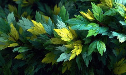 Abstract fractal foliage. Lush green and yellow leaves in swirling pattern