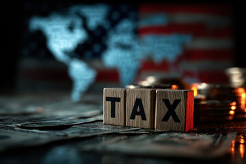 Wooden blocks spelling TAX are entangled in barbed wire against the backdrop of a stars and stripes flag. Financial concept.