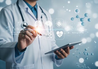Photo of doctor using tablet and interacting with digital medical interface showing health icons and molecular structures, representing advanced healthcare and scientific research