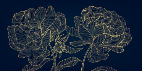 Vector golden peonies flowers, luxury line japanese style floral background, wedding oriental pattern. Art deco vintage drawing, elegant bloom print.