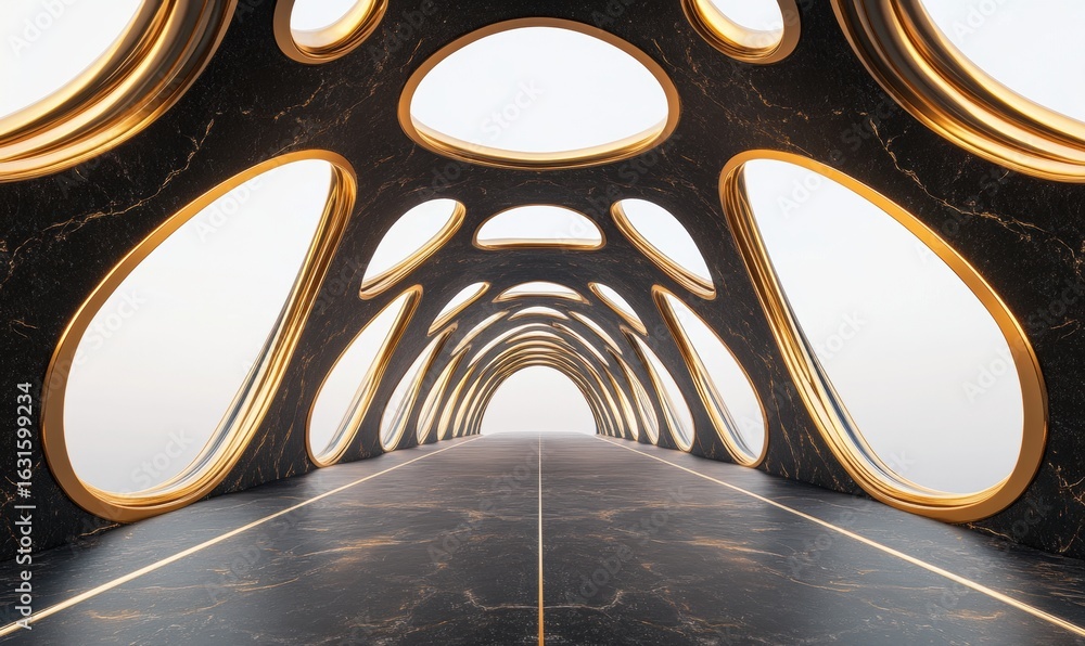 Poster abstract tunnel design with marble and gold architectural structure
