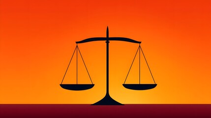 Silhouette of Scales of Justice Against a Vibrant Orange Sunset Background