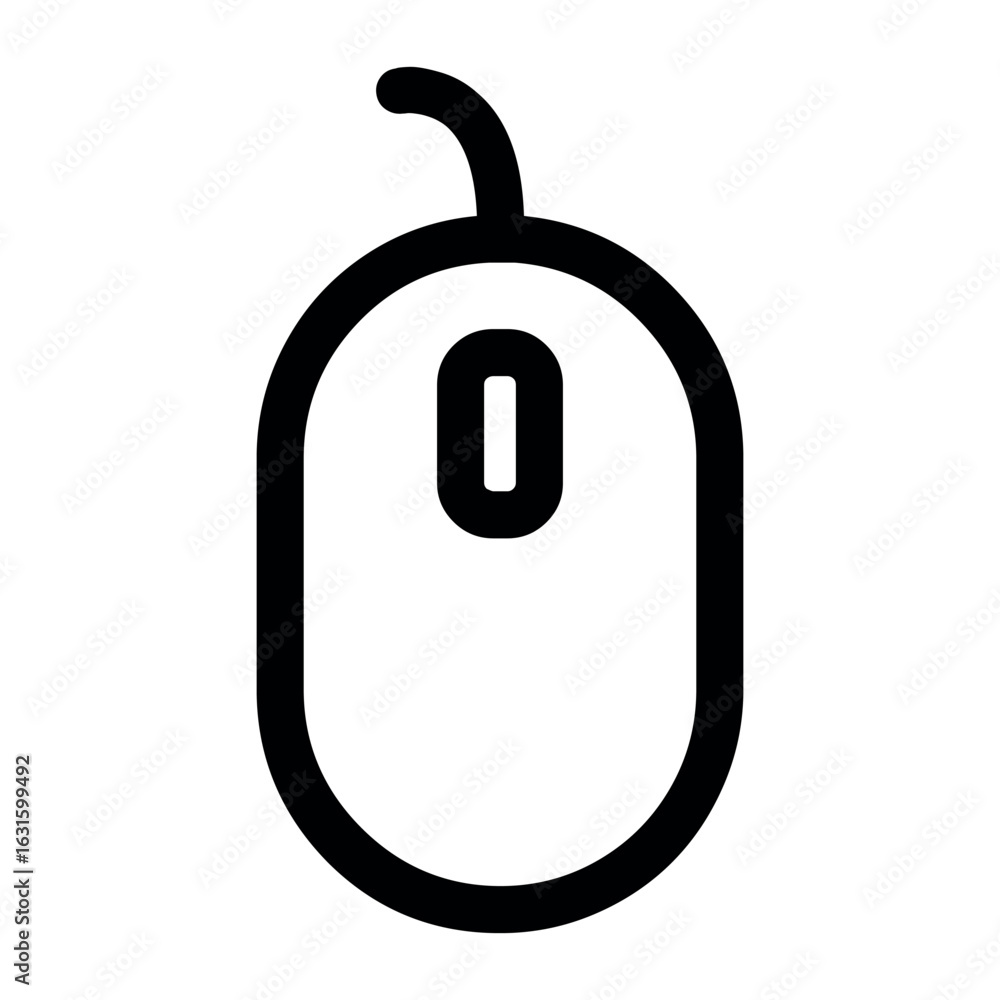 Poster illustration of a simple black and white computer mouse with a visible scroll wheel design element