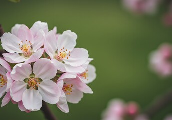 Delicate Apple Blossoms Close-up Pink and White Spring Flowers Against Green Backdrop.
