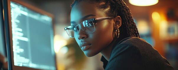 AI cyber security threat scenario, featuring a black African-American female IT specialist analyzing data in a tech office. She uses augmented reality and AI to detect security risks, Generative AI