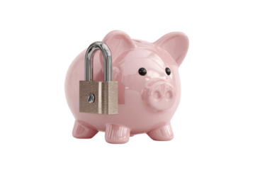 Pink piggy bank secured with a padlock isolated on transparent background