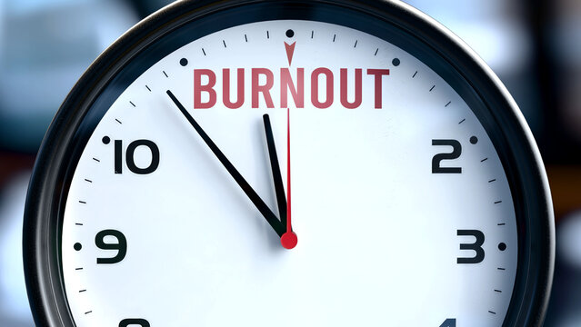 Burnout that is going to happen soon. Incoming burnout, approaching in the near future. Burnout almost here, in a short time - a clock symbolizes a reminder that burnout is near. ,3d illustration