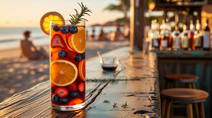 A tall glass of Spanish sangria filled with vibrant slices of orange, lemon, and assorted berries such as strawberries and blueberries