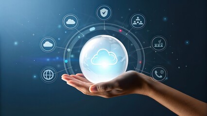 Cloud computing technology concept hand holding globe with cloud data and network security services