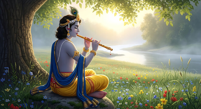 Krishna playing flute in a serene meadow by the river