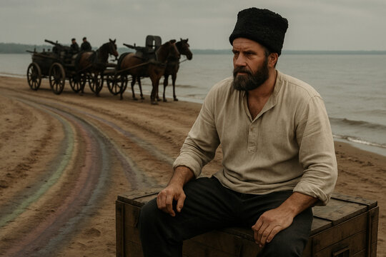 
Cossacks on carts on the river bank
