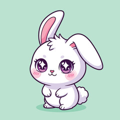 Fototapeta premium Adorable kawaii white bunny with large sparkling purple anime eyes and a fluffy tail.