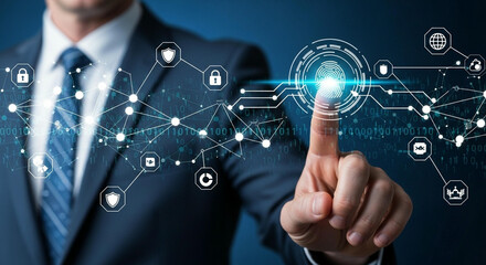 Man in suit touching digital fingerprint with network of security icons on a blue background
