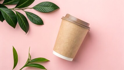 a disposable coffee cup on a pastel pink background, perfect for branding, packaging, and promotional coffee shop marketing, Eco-friendly paper mockup coffee cups, created with generative ai