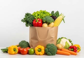 Photo of a brown paper shopping bag overflowing with a colorful assortment of fresh, healthy vegetables and produce, isolated on a white background