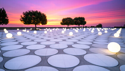 Obraz premium Sunset Serenity: A breathtaking cityscape unfolds as the twilight paints the sky with hues of pink and purple. Illuminated orbs dot the landscape.