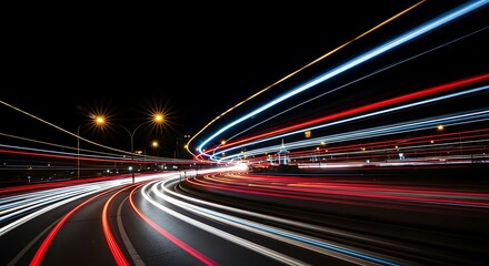 Colorful light trails of vehicles on a highway at night.