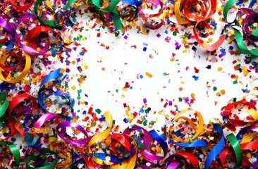 Colorful confetti and ribbons frame a white background