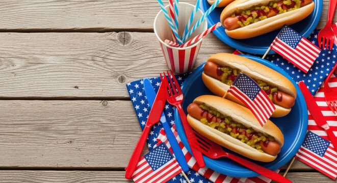 Delicious hot dogs decorated with american flags for a festive fourth of july celebration - Powered by Adobe