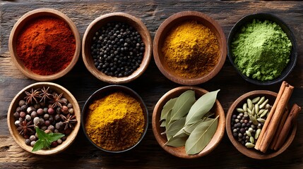 Assorted Spices and Herbs Displayed in Wooden Bowls on a Rustic Tabletop