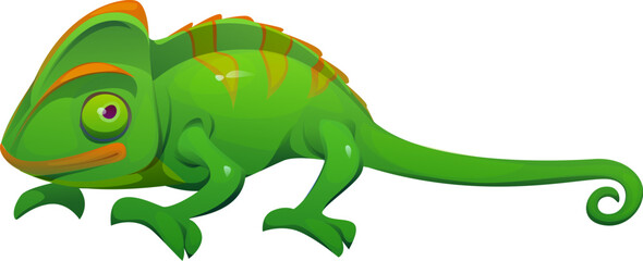 Cartoon Mexican chameleon character, isolated vector lizard with green skin and stripes, long curvy tail and telescopic eyes. Wild animal, pet reptile, exotic tropical creature, wildlife predator