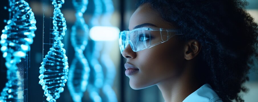 Side profile of a Black female data scientist analyzing information on screen using AI and machine learning to extract strategic predictions for business and finance, Generative AI - Powered by Adobe