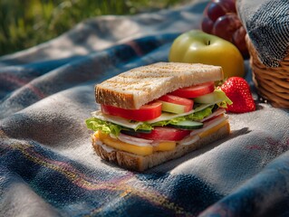 Deliciously prepared sandwich and fresh fruit on a picnic blanket
