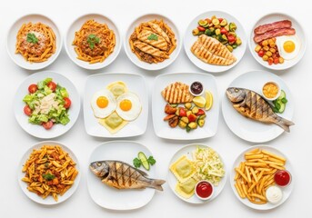 Photo of a diverse collection of delicious meals and dishes, including pasta, salad, grilled chicken, fish, and fries, all beautifully presented and isolated on a white background