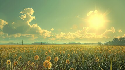 A vast field of sunflowers under a bright sun with a cloudy sky and distant power lines visible