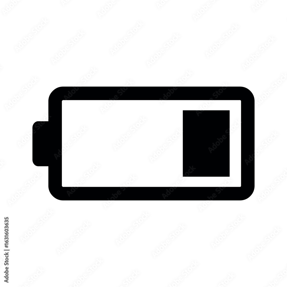Poster illustration of a battery with a low charge level indicator on a white background display symbol