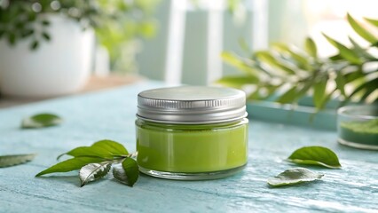 Beauty face cream mask,Luxury moisturizing cosmetic product, mock-up template without label,
Small jar with green liquid on blue surface, created with generative ai