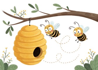 Two cute cartoon bees flying around a beehive hanging from a branch isolated on white background