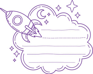 Space rocket Spaceship kids memo note frame. Kids diary, education schedule vector coloring page. Child planner checklist memo note template frame with flying spaceship, moon, stars and cloud