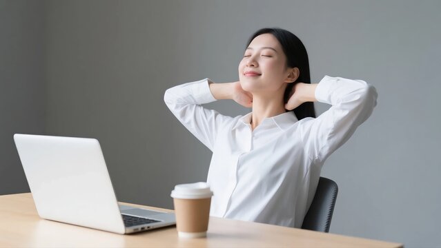 A peaceful young Asian businesswoman relaxing and stretching her arms behind her head with eyes closed while taking a break from work at her desk. - Powered by Adobe