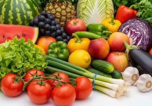 Photo of a vibrant assortment of fresh, ripe fruits and vegetables, including tomatoes, lettuce, bell peppers, apples, grapes, and watermelon, creating a colorful and healthy display