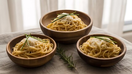 Three wooden bowls filled with spaghetti, topped with grated cheese and chopped chives, Spaghetti Bolognese, Carbonara Italian style lunch, created with generative ai