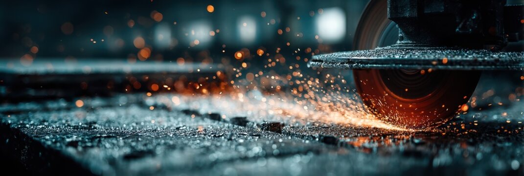 Sparks fly as a grinding tool shapes metal in an industrial workshop during evening hours